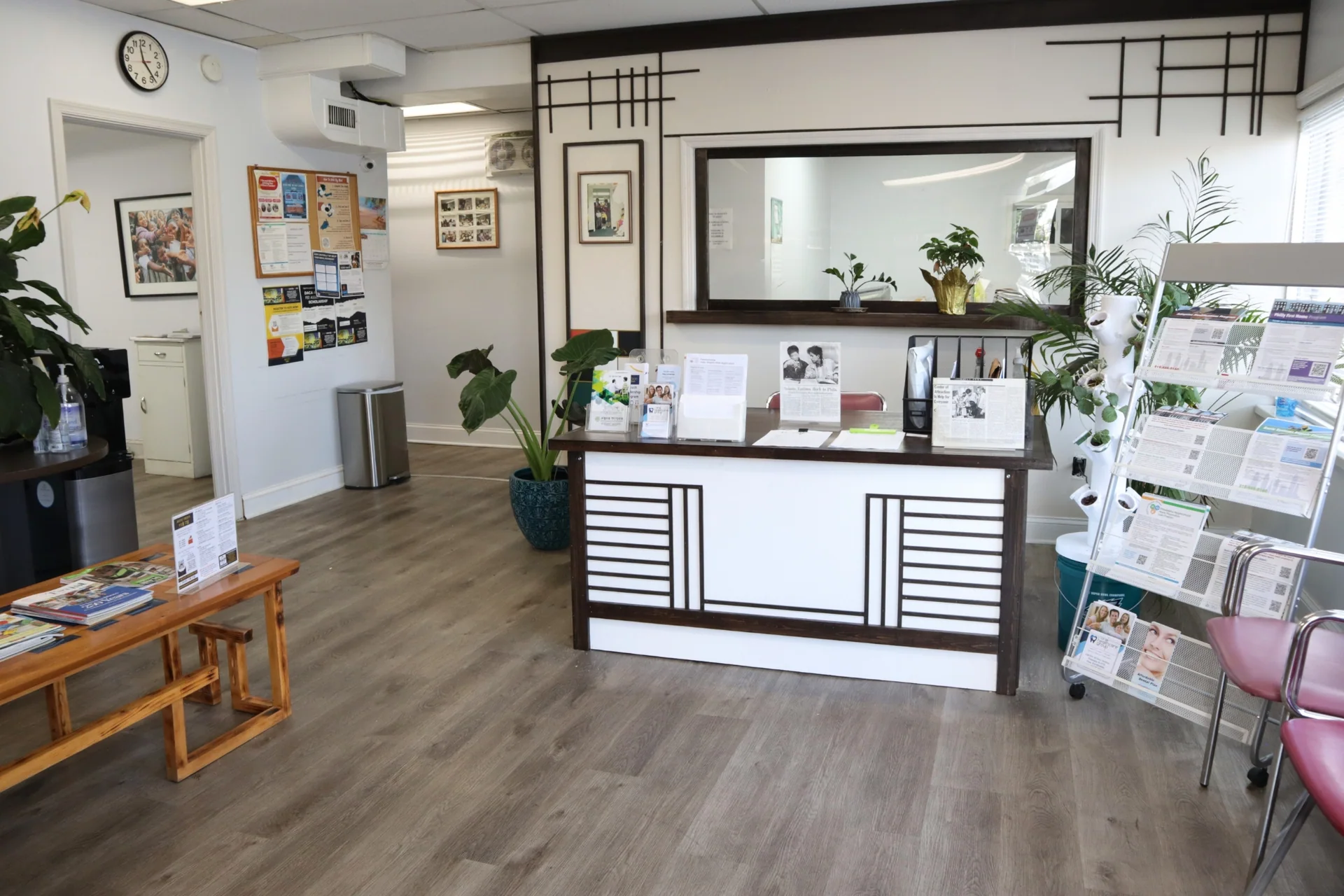 The reception desk and resource area inside SoHi Center's main office.